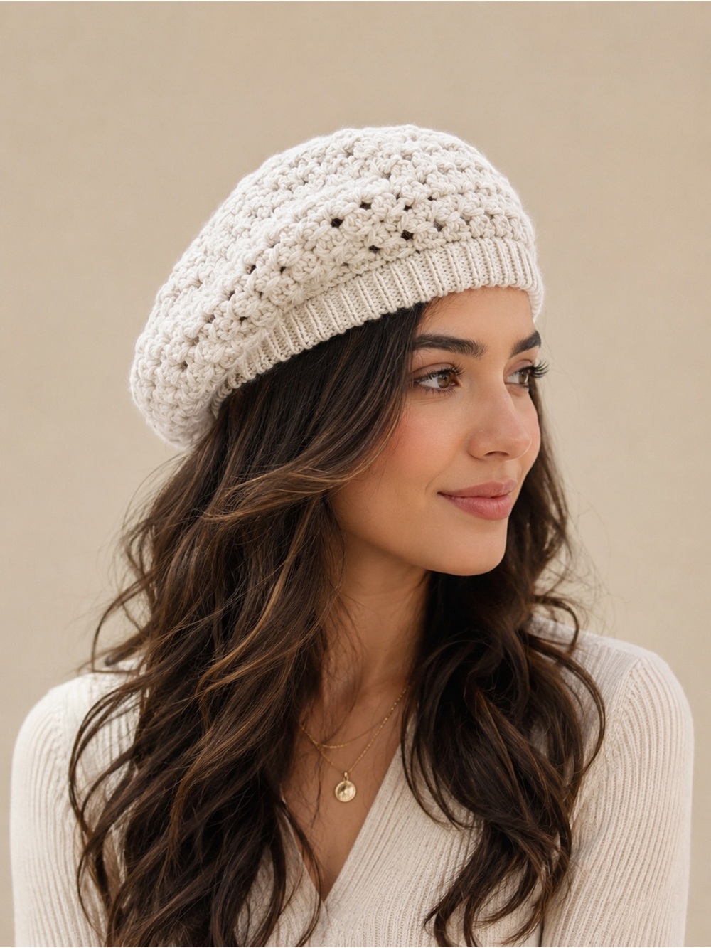 Accessorize wool angora rabbit hair blend Cream Crochet Knit Beret OS